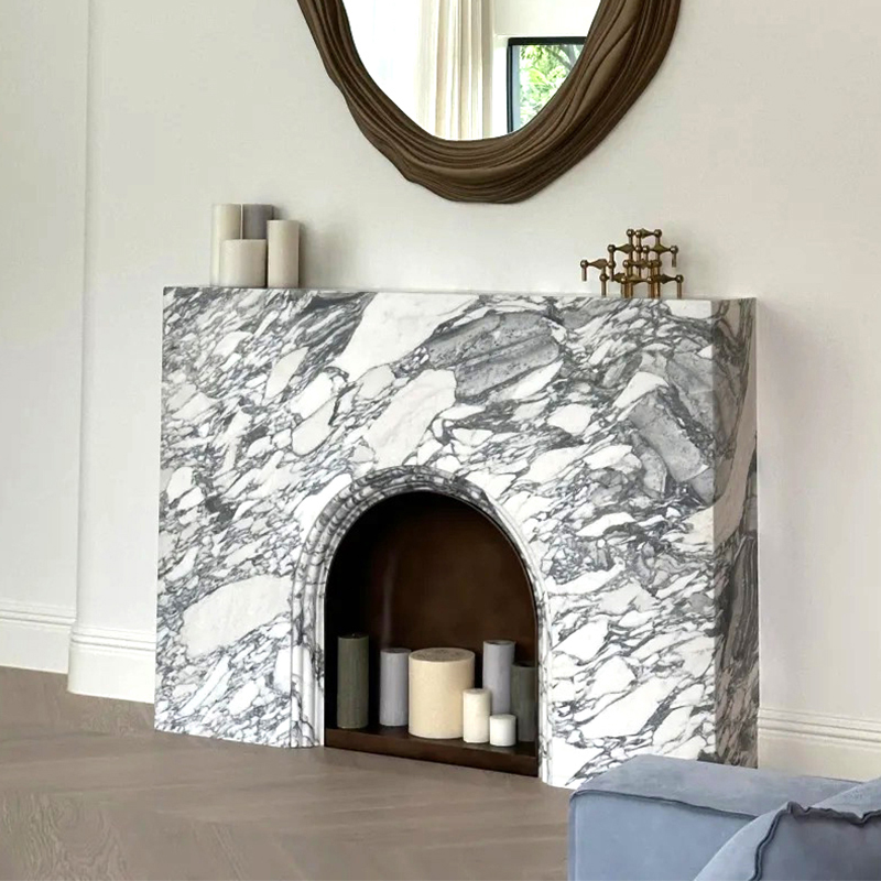 Luxury Natural Stone Hand Craved Italian Calacatta Viola Marble Fireplace Surround Mantel for Indoor Villa Livingroom Decor