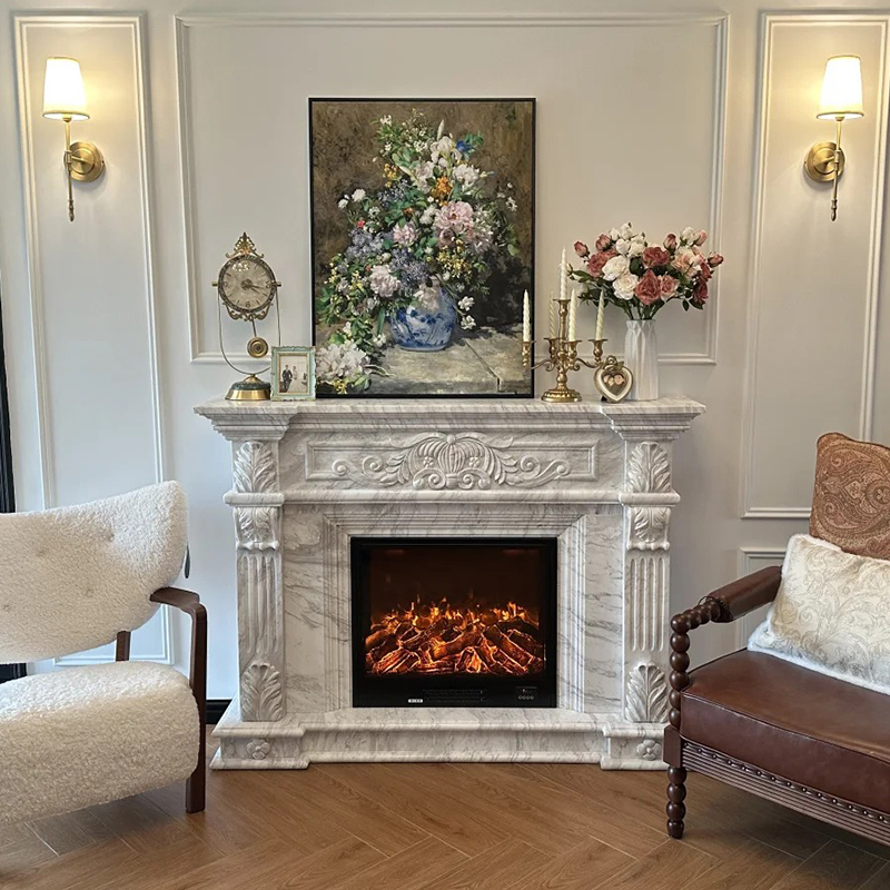 Luxury Italian Light Grey Marble Fireplace Surround Mantel Hand-Carved Natural Stone for Indoor Outdoor Kitchen Villa