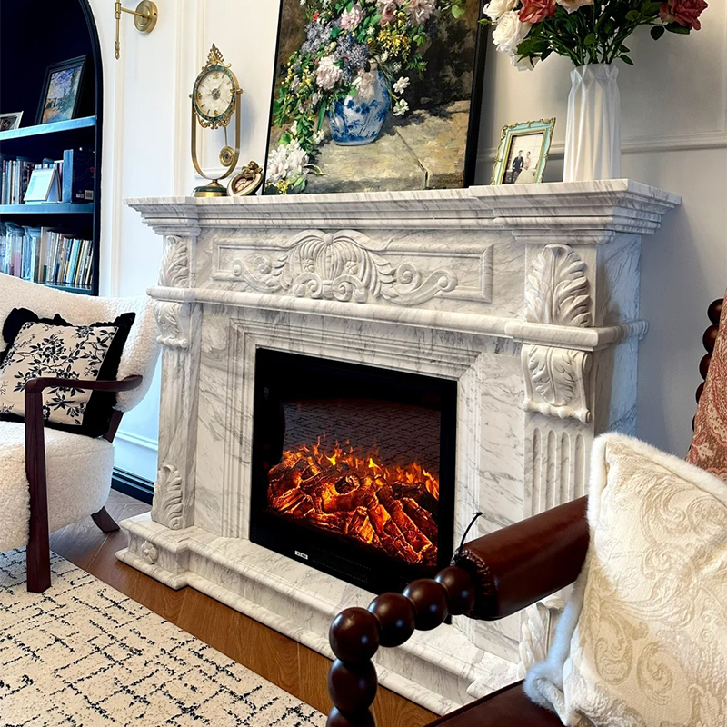 Luxury Italian Light Grey Marble Fireplace Surround Mantel Hand-Carved Natural Stone for Indoor Outdoor Kitchen Villa