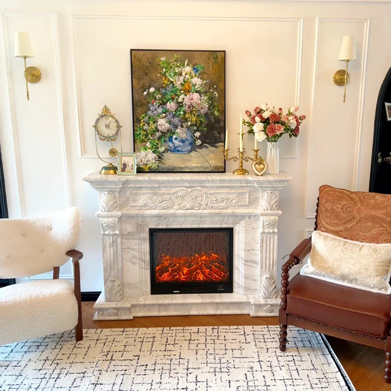 Luxury Italian Light Grey Marble Fireplace Surround Mantel Hand-Carved Natural Stone for Indoor Outdoor Kitchen Villa