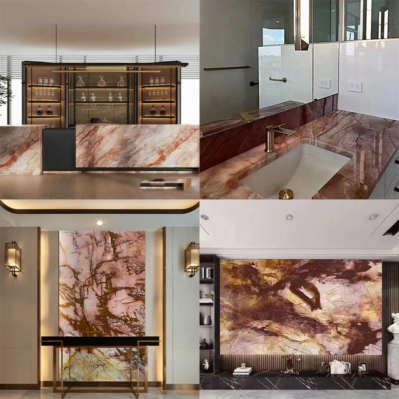 Luxury Royal Light Translucent Red Cosmopolitan Quartzite Stone Slab for Exterior Interior Wall Decoration Floor Tiles Villa Mansion Projects Luxury Home Furniture Kitchen Countertop Bathroom Vanity