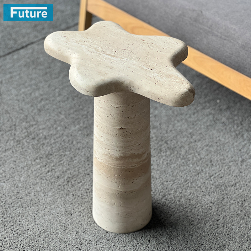 Wabi-sabi Style Berige Travertine Side Tea Table with Special Design Top for Livingroom Coffee Shop Furniture