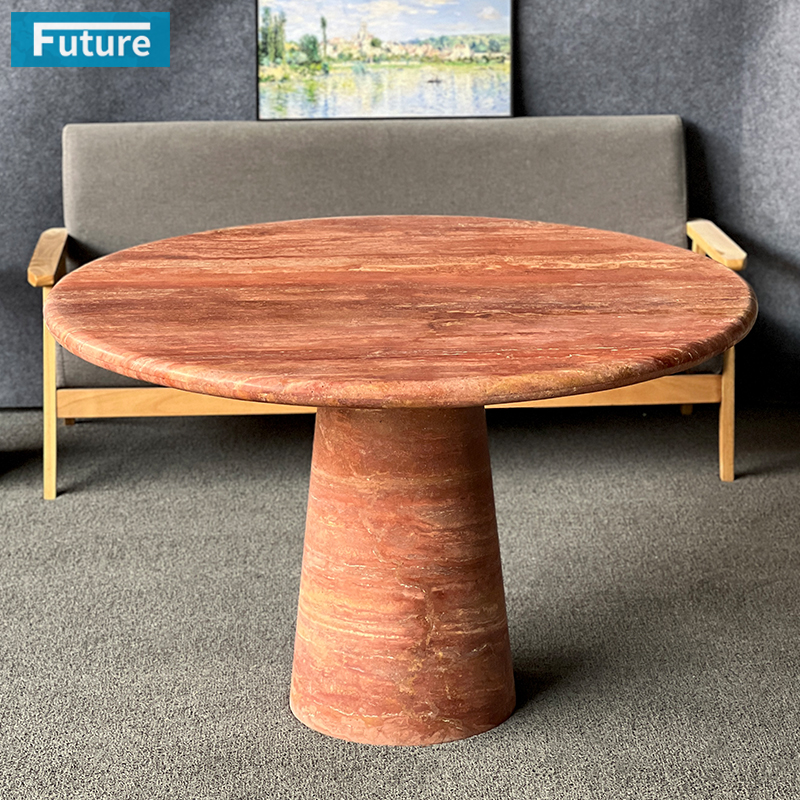 Round Top Red Travertine Dining Table for Home Decor Dining Furniture Dining Hall Restaurant Hotel Kitchen