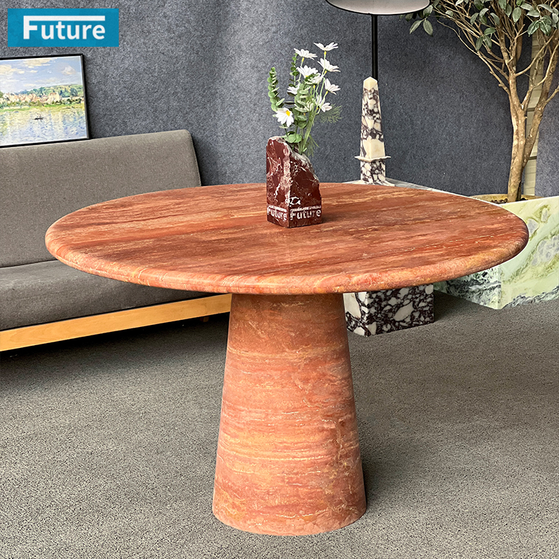 Round Top Red Travertine Dining Table for Home Decor Dining Furniture Dining Hall Restaurant Hotel Kitchen