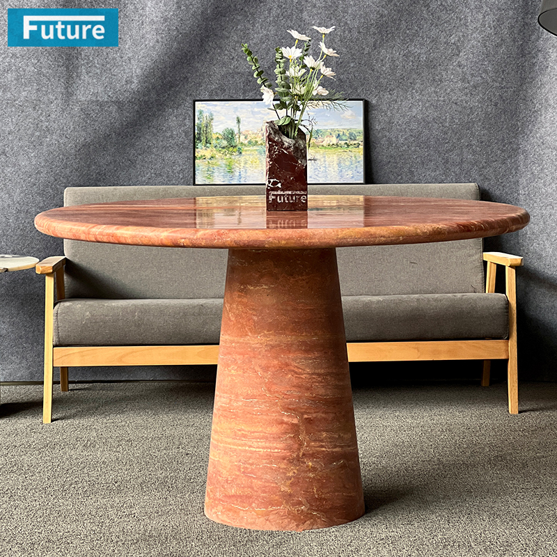 Round Top Red Travertine Dining Table for Home Decor Dining Furniture Dining Hall Restaurant Hotel Kitchen