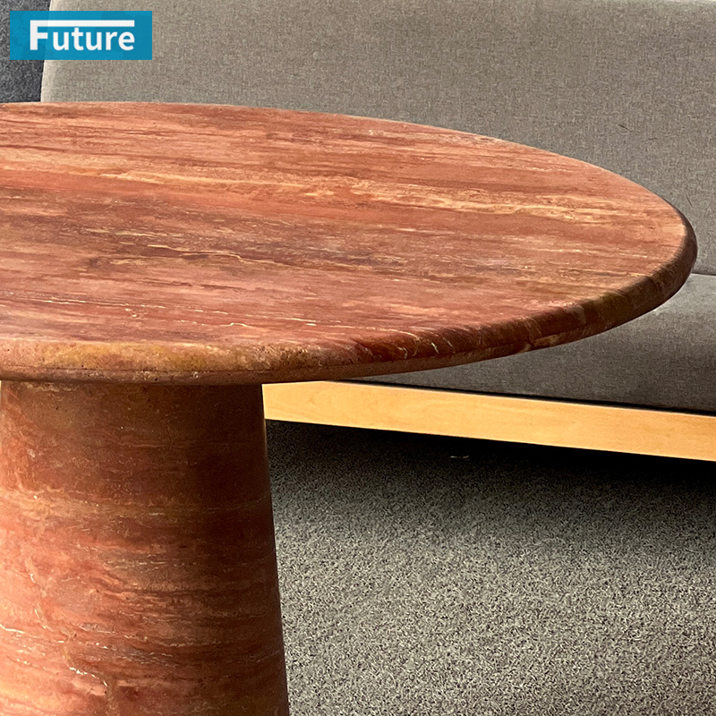 Round Top Red Travertine Dining Table for Home Decor Dining Furniture Dining Hall Restaurant Hotel Kitchen