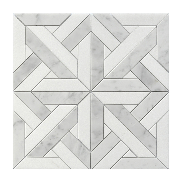 Custom Design Interior Wall Decorative Cladding White Jade Waterjet Marble Mosaic Steel Mix Marble Mosaic Tile