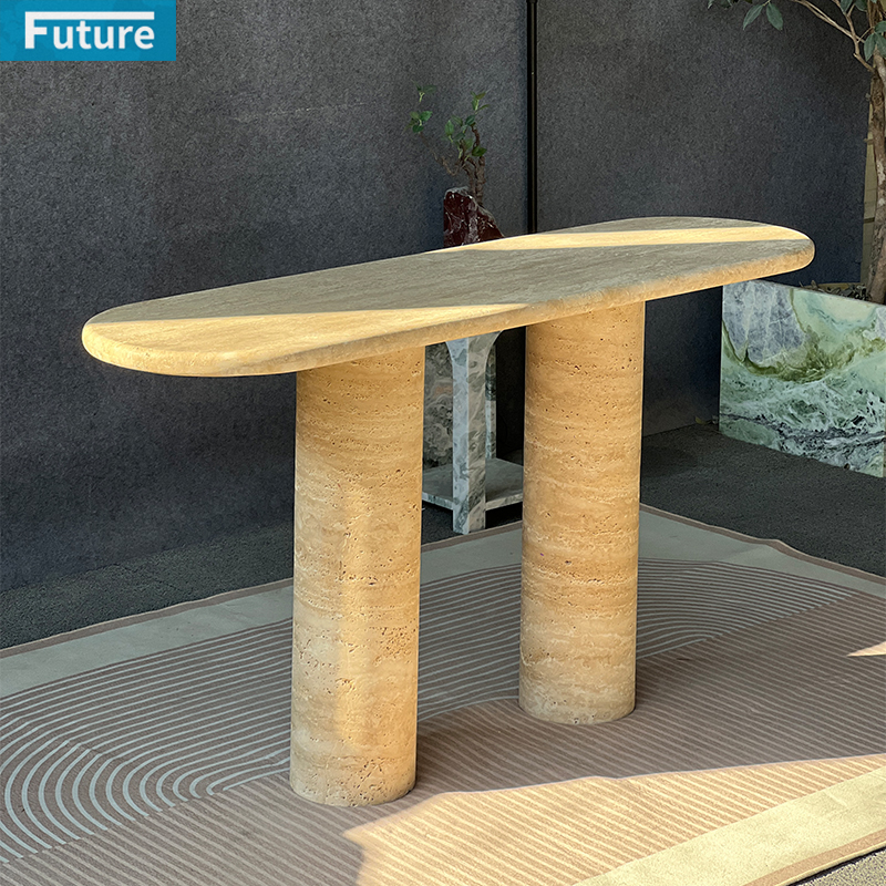 Modern Shape Design Large Size Natural Beige Travertine Console Table with Roman Column Leg Entry Hall Hotel Decor Home Entrance Villa Decoration Porjects