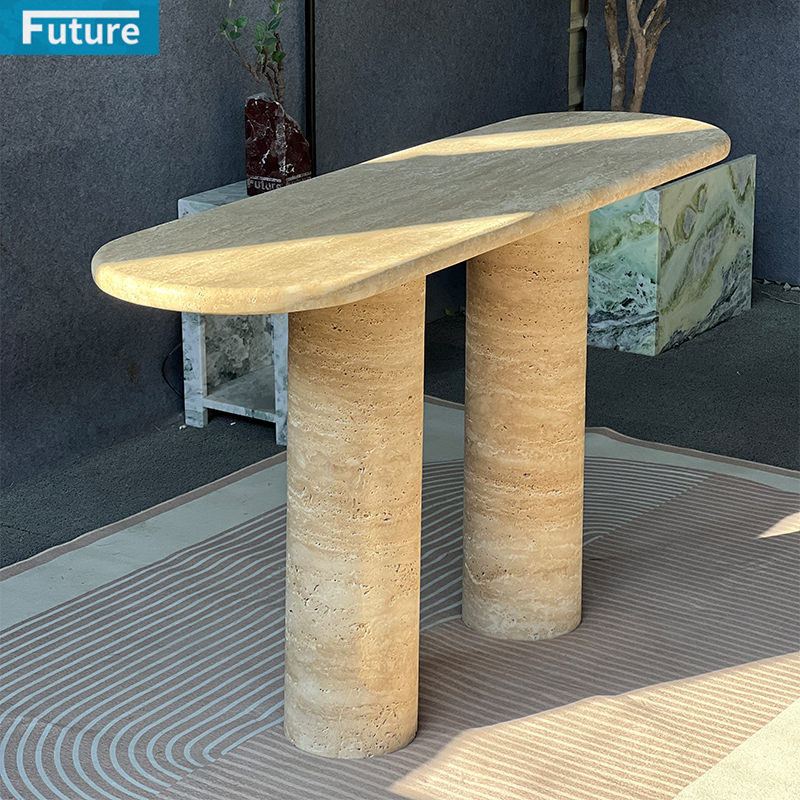 Modern Shape Design Large Size Natural Beige Travertine Console Table with Roman Column Leg Entry Hall Hotel Decor Home Entrance Villa Decoration Porjects
