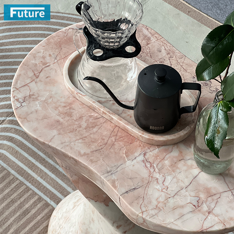 Modern Design Shape Small Size Cream Rose Marble Side Table with Low Plinth for Livingroom Diningroom Coffee Shop Luxury Furniture