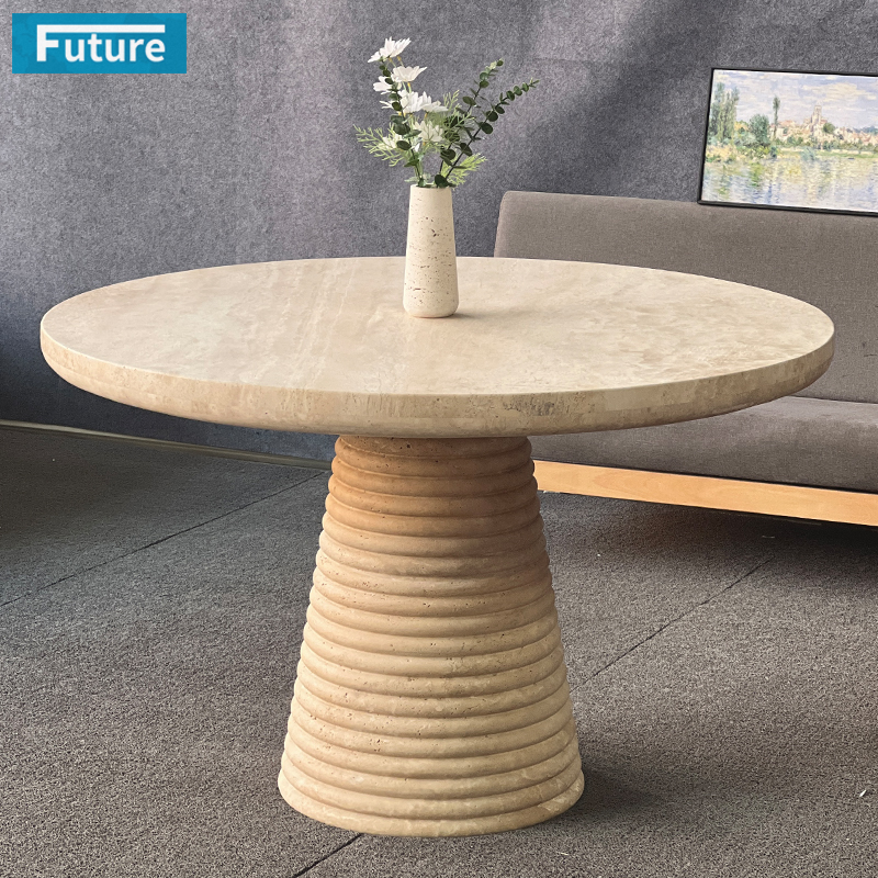 Luxury Wabi-sabi Style Round Top Beige Travertine Dining Table with Low Plinth for Home Decor Dining Furniture Dining Hall Restaurant