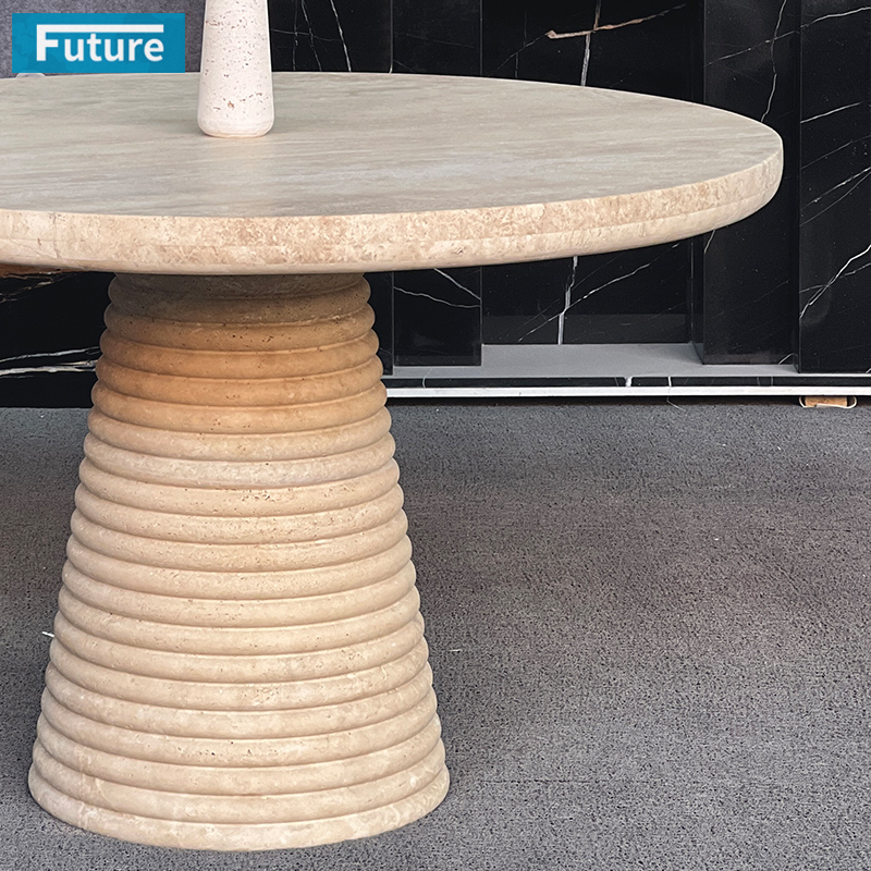Luxury Wabi-sabi Style Round Top Beige Travertine Dining Table with Low Plinth for Home Decor Dining Furniture Dining Hall Restaurant