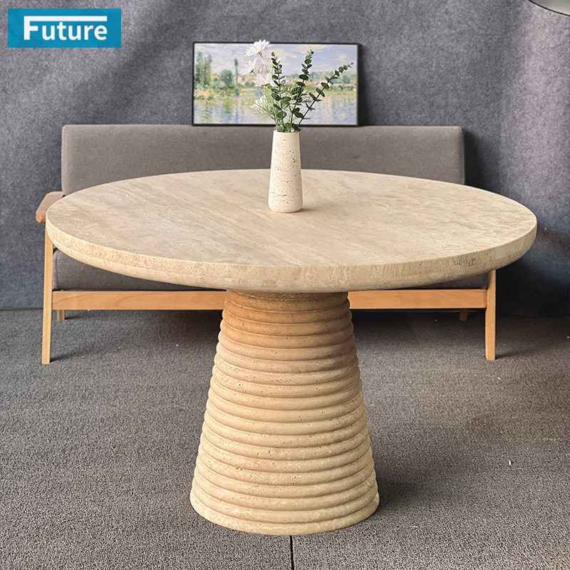 Luxury Wabi-sabi Style Round Top Beige Travertine Dining Table with Low Plinth for Home Decor Dining Furniture Dining Hall Restaurant