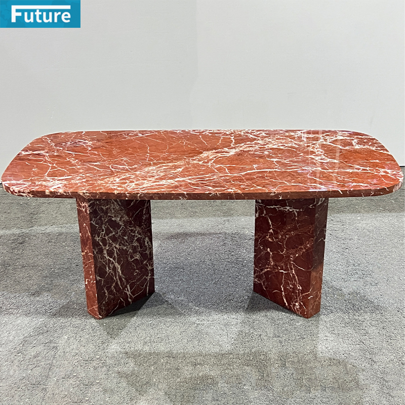 French Red Marble Dining Table with Rectangular Top for Kitchen Diningroom Hotel Restaurant