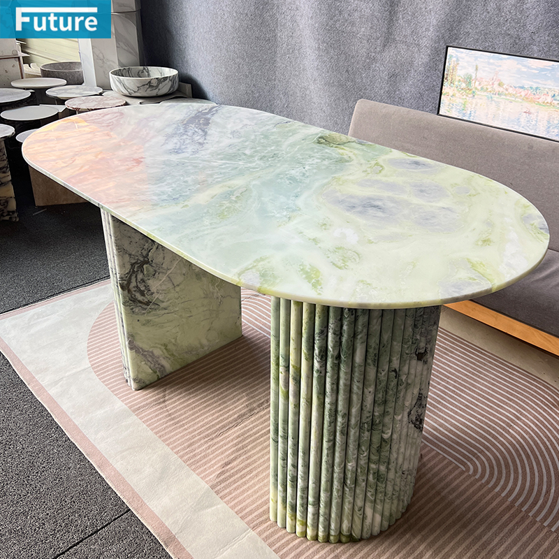 Luxury Modern Style Oval Top Large Size Light Green Marble Dining Table for Home Decor Hotel Resturant