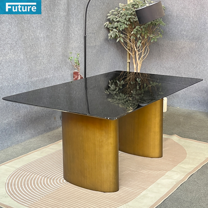 Cheap Price Large Szie Rectangular Top Black Marqulina Marble Dining Table with Metal Leg for Dinning Room Hotel Resturant