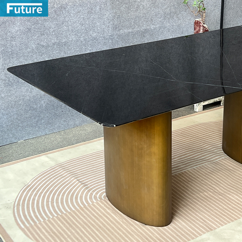 Cheap Price Large Szie Rectangular Top Black Marqulina Marble Dining Table with Metal Leg for Dinning Room Hotel Resturant