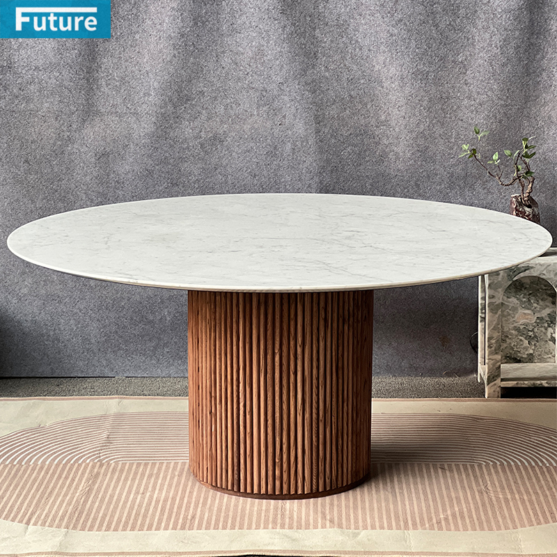 Large Size Round Top Carara White Marble Dining Table with Wooden Leg for Dinning Room Hotel Resturant