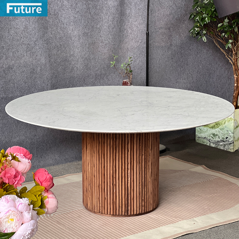 Large Size Round Top Carara White Marble Dining Table with Wooden Leg for Dinning Room Hotel Resturant