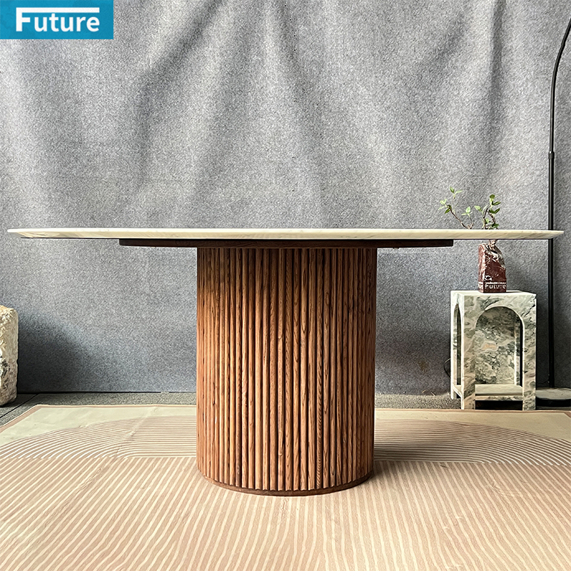 Large Size Round Top Carara White Marble Dining Table with Wooden Leg for Dinning Room Hotel Resturant