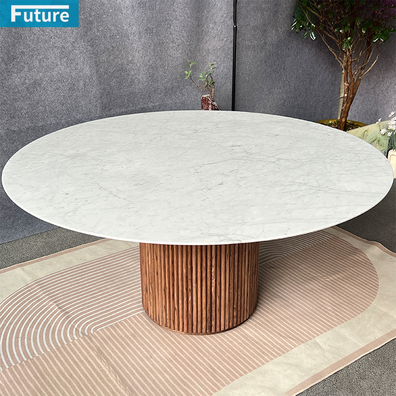 Large Size Round Top Carara White Marble Dining Table with Wooden Leg for Dinning Room Hotel Resturant