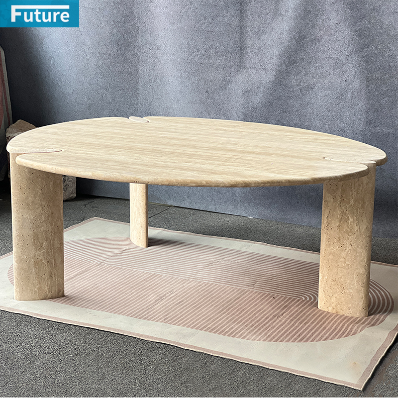 Large Size Wabi-sabi Beige Travertine Dining Table with Three Leg for Dinning Room Hotel Resturant