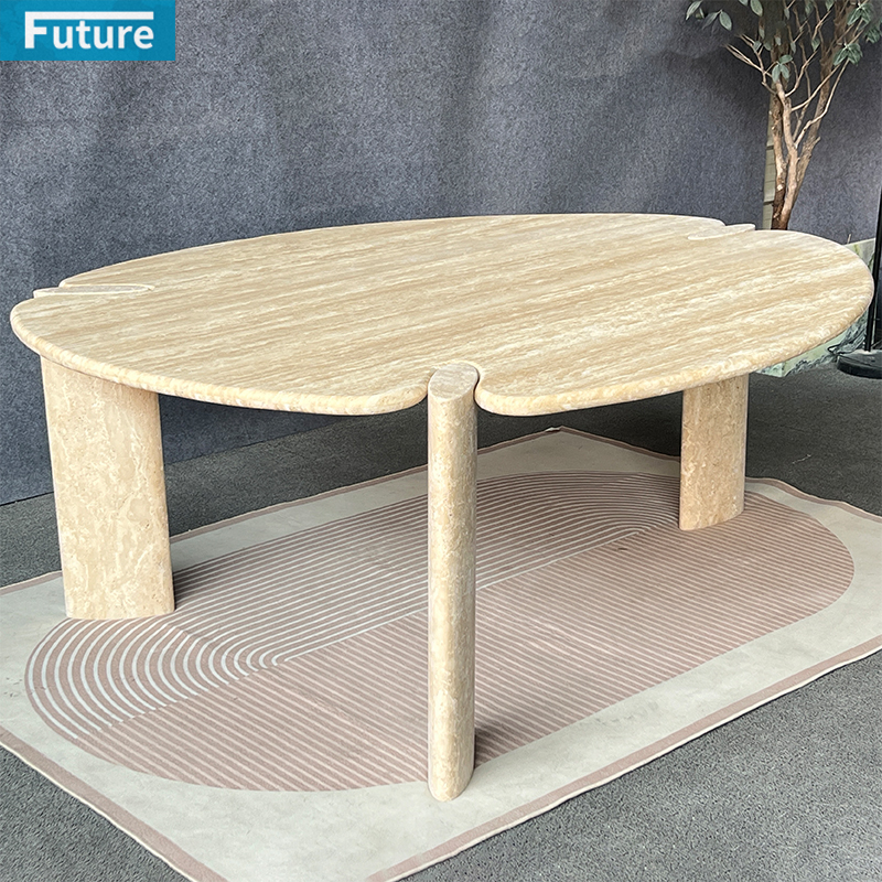 Large Size Wabi-sabi Beige Travertine Dining Table with Three Leg for Dinning Room Hotel Resturant