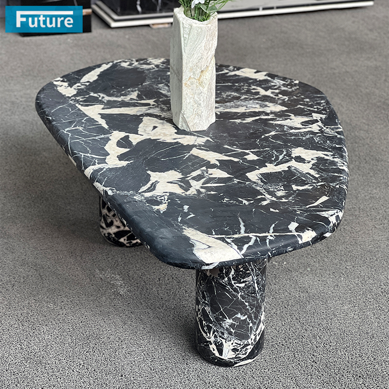 Luxury Modern Style Calacatta Black Marble Coffee Table Tea Table with Three Low Plinth Leg for Home Decor Livingroom Furniture Hotel Bar Coffee Shop