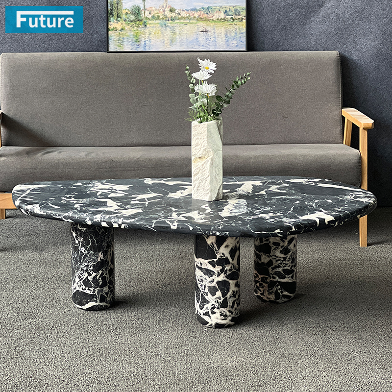 Luxury Modern Style Calacatta Black Marble Coffee Table Tea Table with Three Low Plinth Leg for Home Decor Livingroom Furniture Hotel Bar Coffee Shop