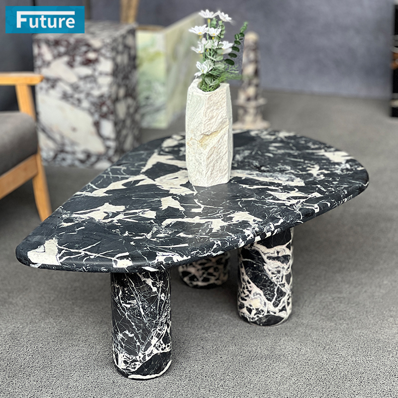 Luxury Modern Style Calacatta Black Marble Coffee Table Tea Table with Three Low Plinth Leg for Home Decor Livingroom Furniture Hotel Bar Coffee Shop