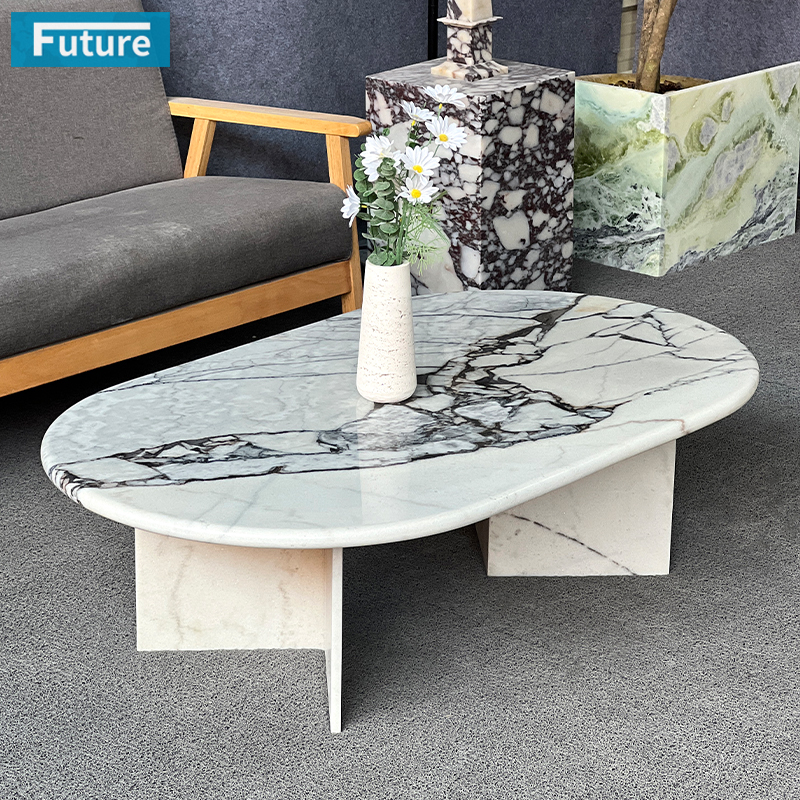 Luxury Modern Style Oval Top Low Plinth Elephant White Marble Coffee Table Tea Table for Home Decor Livingroom Furniture Hotel Bar Coffee Shop