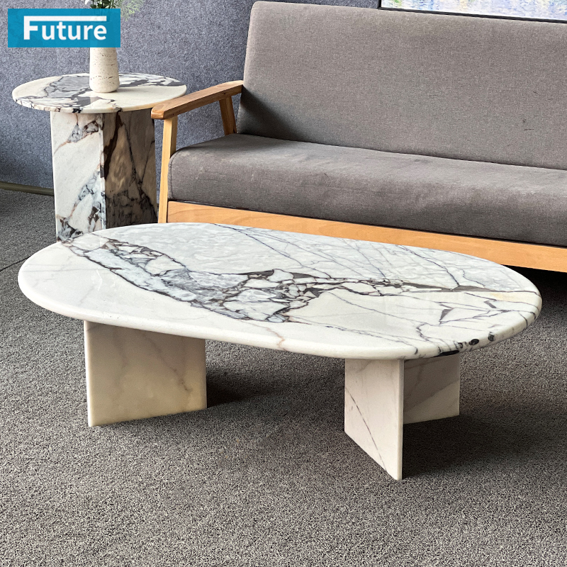 Luxury Modern Style Oval Top Low Plinth Elephant White Marble Coffee Table Tea Table for Home Decor Livingroom Furniture Hotel Bar Coffee Shop