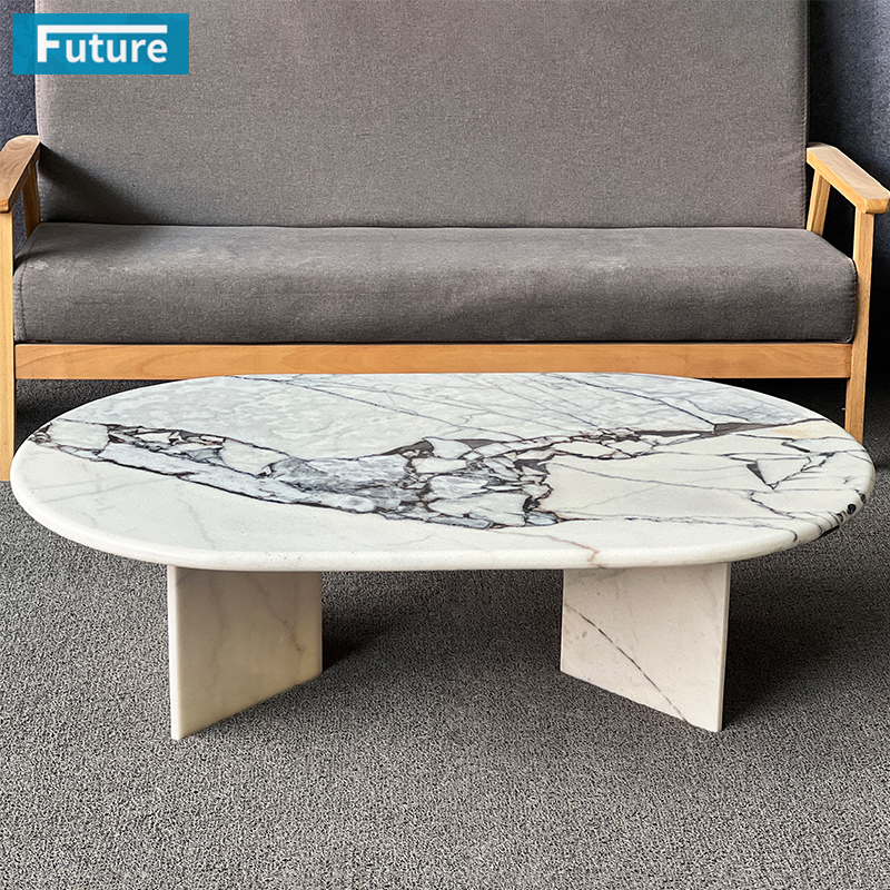 Luxury Modern Style Oval Top Low Plinth Elephant White Marble Coffee Table Tea Table for Home Decor Livingroom Furniture Hotel Bar Coffee Shop