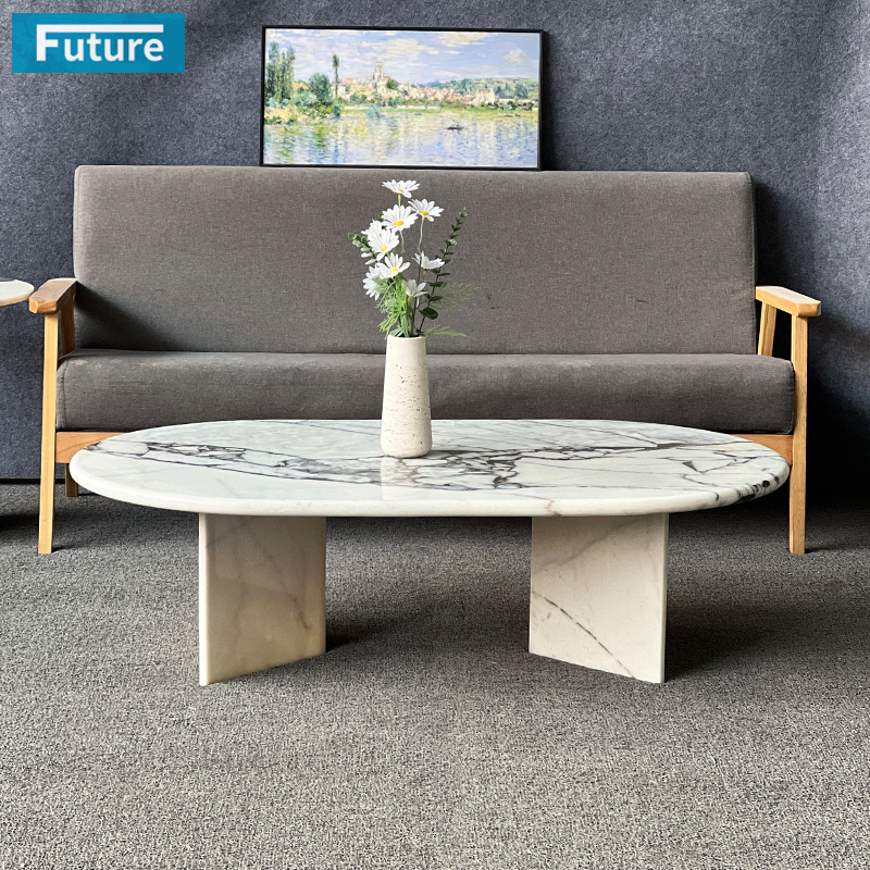 Luxury Modern Style Oval Top Low Plinth Elephant White Marble Coffee Table Tea Table for Home Decor Livingroom Furniture Hotel Bar Coffee Shop