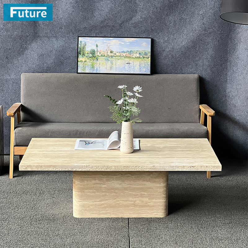 Luxury Modern Style Rectangular Top Low Plinth Beige Travertine Marble Coffee Table Tea Table for Home Decor Livingroom Furniture Hotel Bar Coffee Shop