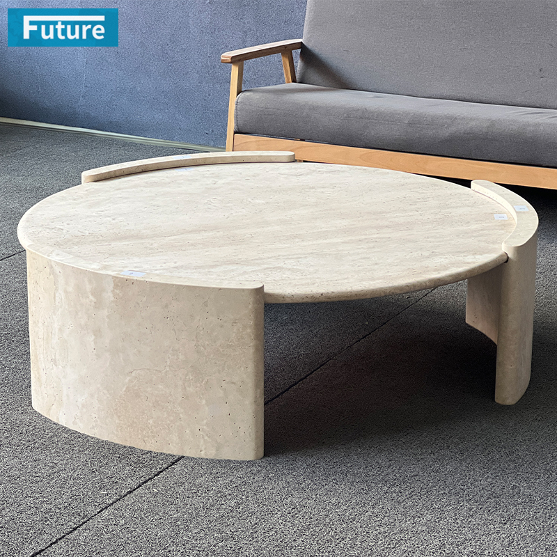 Luxury Natural Stone Wabi-sabl Style Modern Round Low Plinth BegieTravertine Coffee Table for Livingroom Villa Hotel Decor