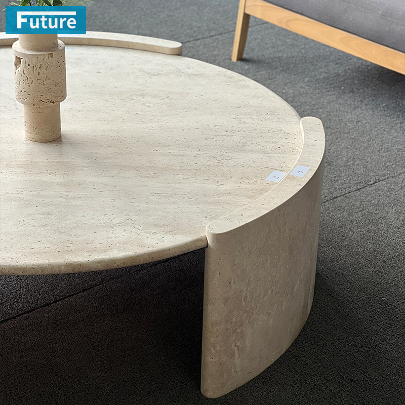 Luxury Natural Stone Wabi-sabl Style Modern Round Low Plinth BegieTravertine Coffee Table for Livingroom Villa Hotel Decor