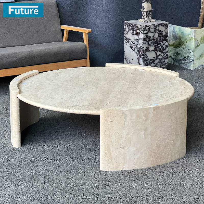 Luxury Natural Stone Wabi-sabl Style Modern Round Low Plinth BegieTravertine Coffee Table for Livingroom Villa Hotel Decor