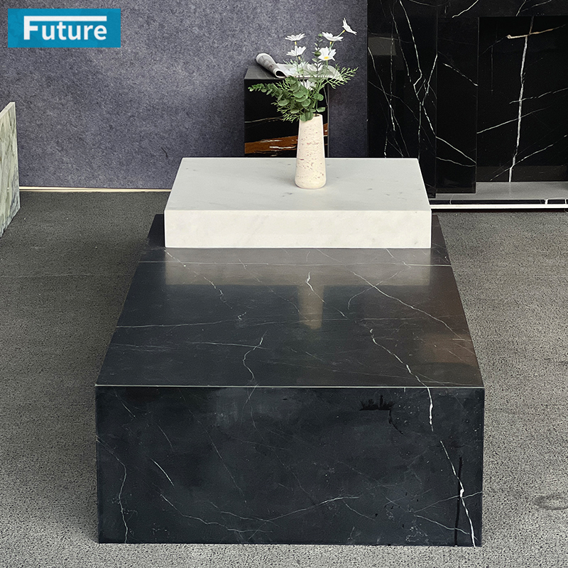 Luxury Royal Style Natural Modern Cube Low Plinth Black and White Marble Coffee Table for Livingroom Villa Hotel Home Furniture