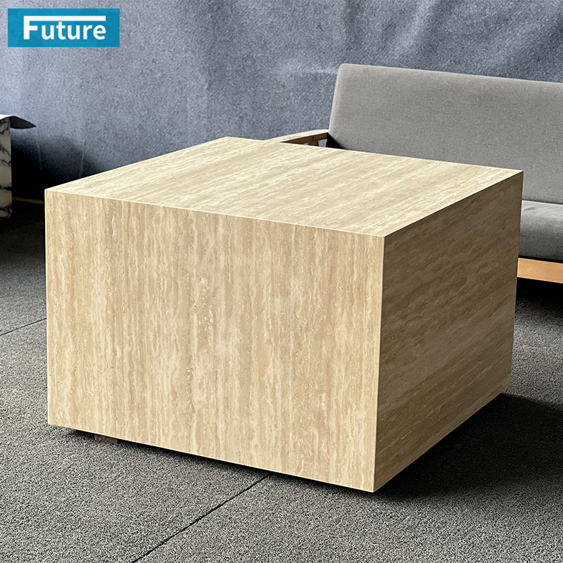 Luxury Wabi-sabi Style Natural Stone Box Shape Beige Travertine Low Plinth Coffee Table for Livingroom Villa Hotel Home Furniture