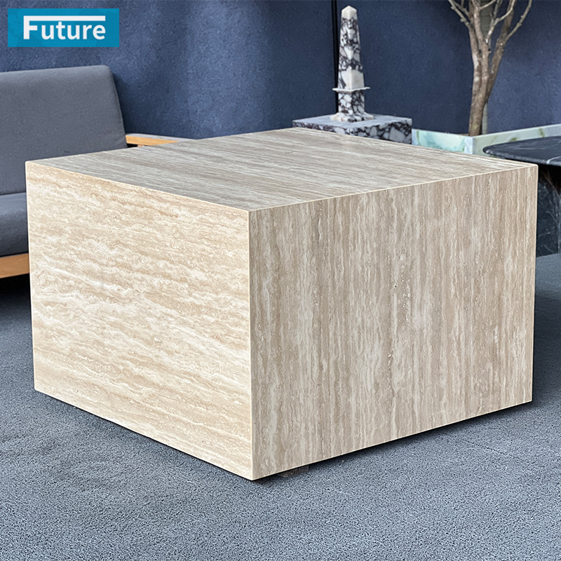 Luxury Wabi-sabi Style Natural Stone Box Shape Beige Travertine Low Plinth Coffee Table for Livingroom Villa Hotel Home Furniture