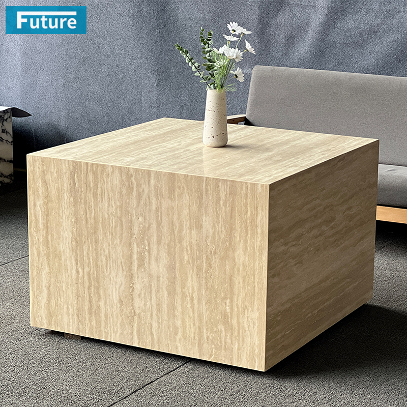 Luxury Wabi-sabi Style Natural Stone Box Shape Beige Travertine Low Plinth Coffee Table for Livingroom Villa Hotel Home Furniture