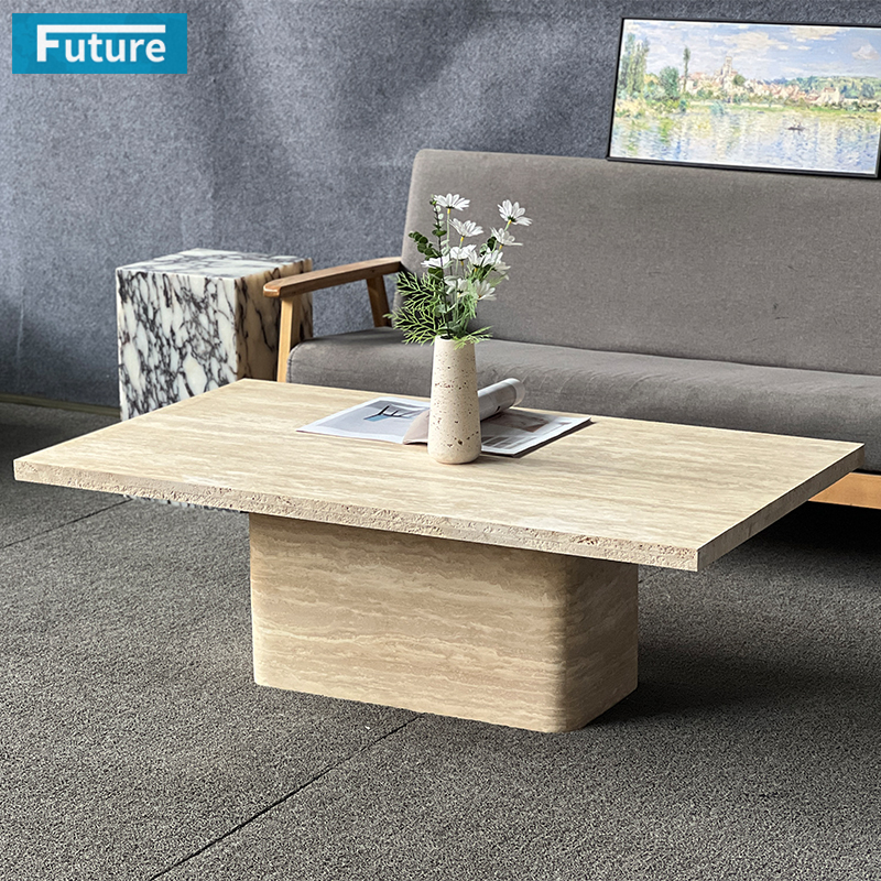 Rectangular Top Beige Travertine Low Plinth Coffee Table