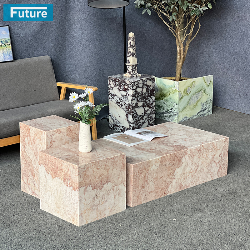 Luxury Wabi-sabi Style Natural Stone Pink Cream Rose Marble Coffee Table Set for Livingroom Villa Hotel Home Furniture