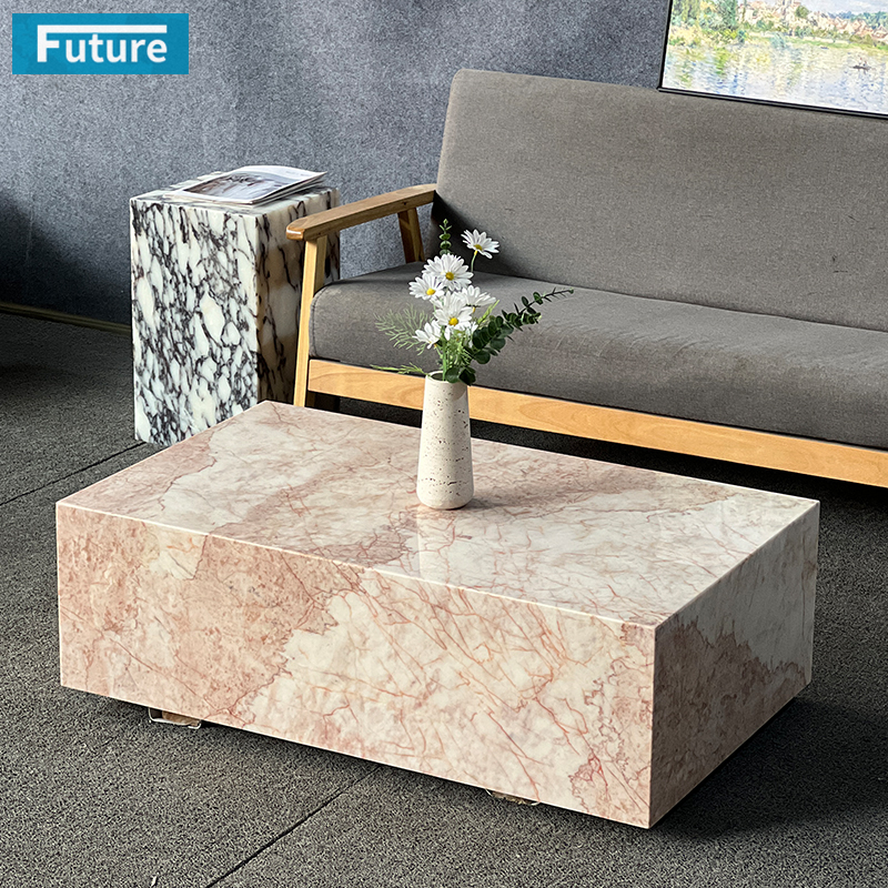 Luxury Wabi-sabi Style Natural Stone Pink Cream Rose Marble Coffee Table Set for Livingroom Villa Hotel Home Furniture