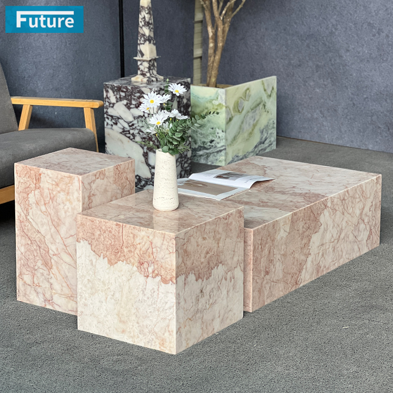 Luxury Wabi-sabi Style Natural Stone Pink Cream Rose Marble Coffee Table Set for Livingroom Villa Hotel Home Furniture