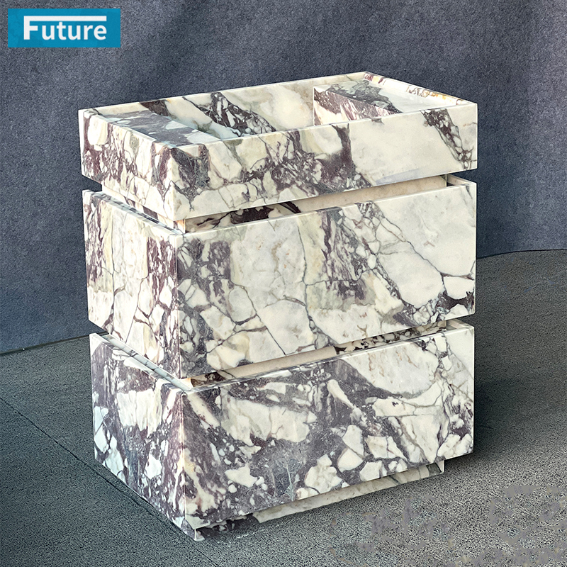 Luxury Modern Natural Stone Calacatta Viola Marble Wash Basin Sink Bathroom Vanity with Two Cabinets Drawers for Hotel Villa