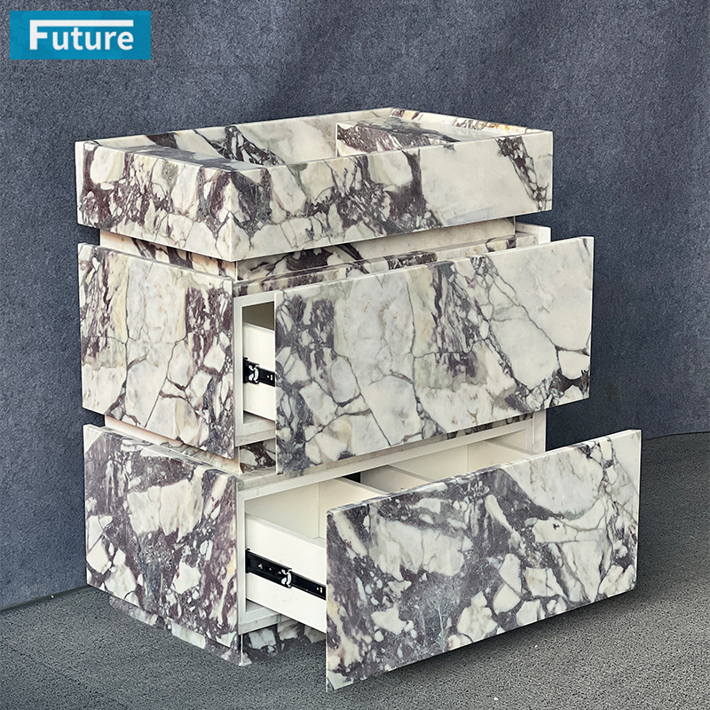 Luxury Modern Natural Stone Calacatta Viola Marble Wash Basin Sink Bathroom Vanity with Two Cabinets Drawers for Hotel Villa
