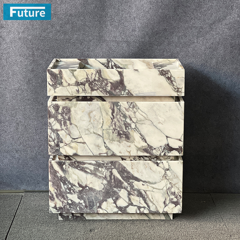 Luxury Modern Natural Stone Calacatta Viola Marble Wash Basin Sink Bathroom Vanity with Two Cabinets Drawers for Hotel Villa
