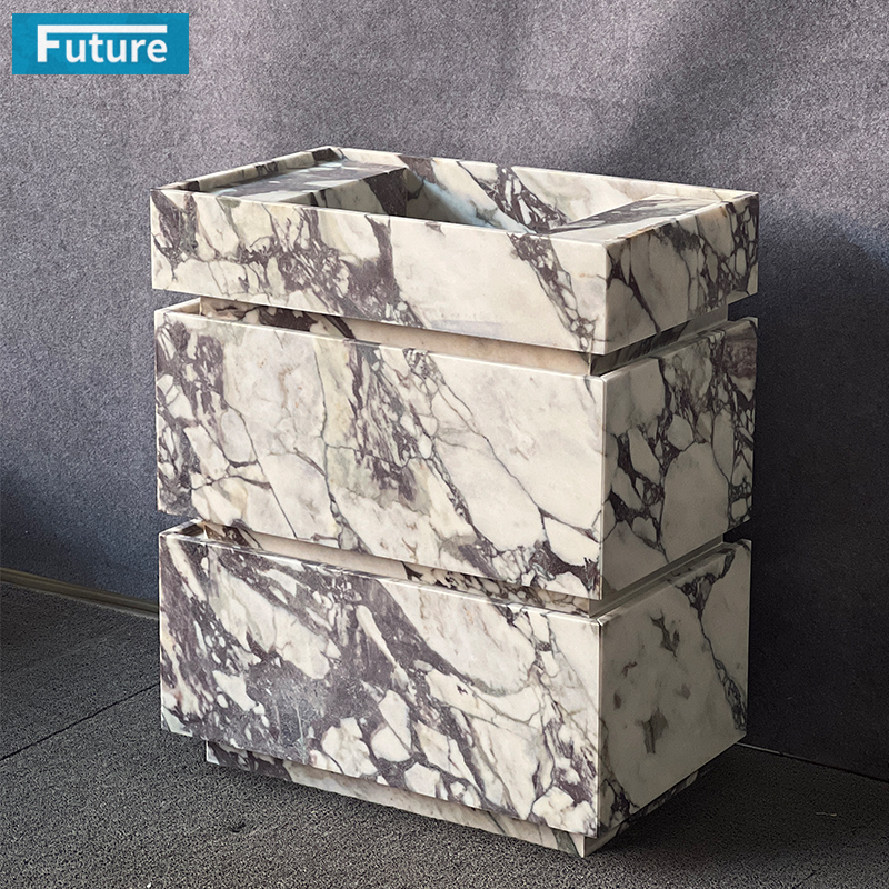 Luxury Modern Natural Stone Calacatta Viola Marble Wash Basin Sink Bathroom Vanity with Two Cabinets Drawers for Hotel Villa